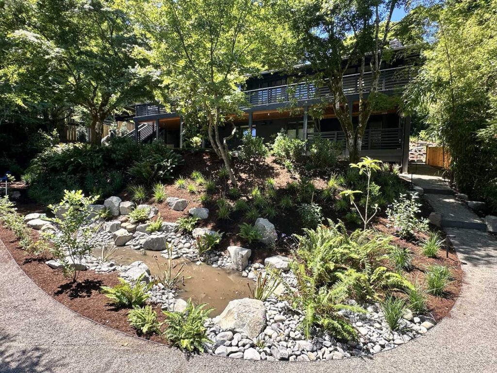 landscaping hill rocks drainage pond